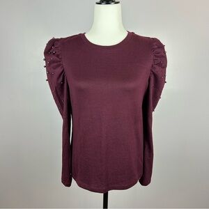 Reitmans Rock & Shine Embellished Plum Sweater - Pearls on Puff Sleeves Size M